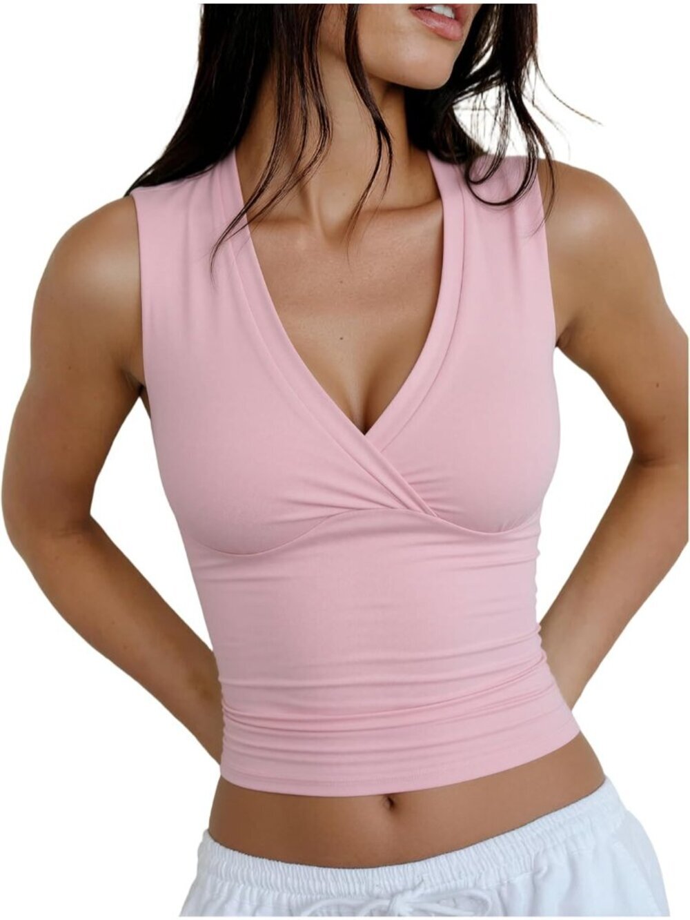 Women's Baby Powder Sleeveless V Neck Double Lined Imported Slim Fit Tank Tops